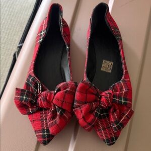 Tartan Bow Pointed Toe Flats - Women
